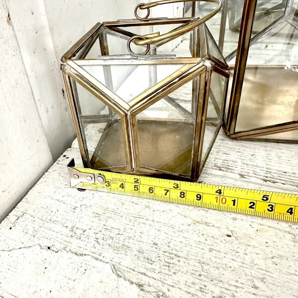 Brass & Glass Terrarium Candleholder Pair Lanterns Geometric Bohemian Decor